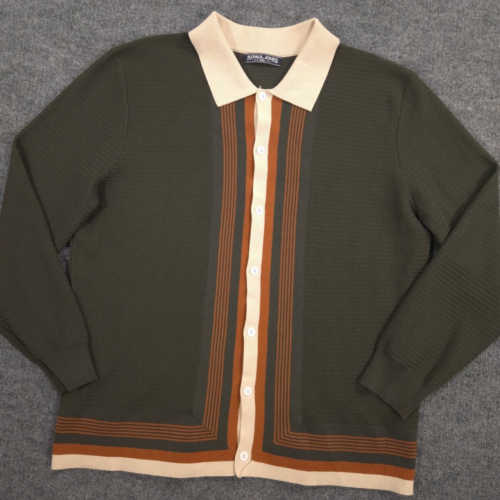 PJ Paul Jones Cardigan Sweater Mens 2XL Green Brown Textured Front Button Preppy